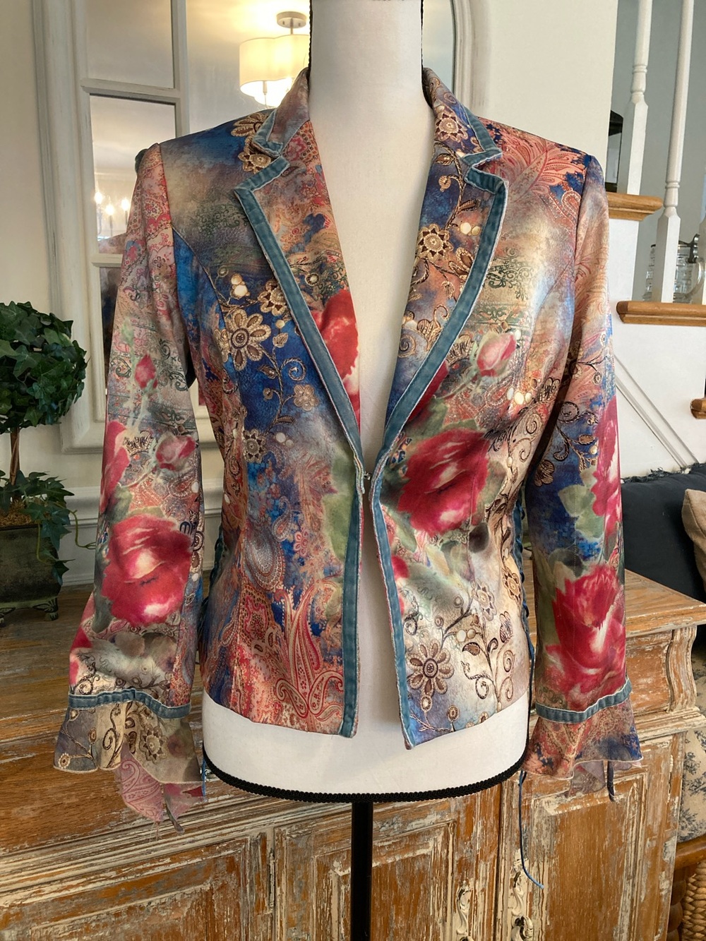 Floral Multicolor Women's Blazer with Velvet Trim